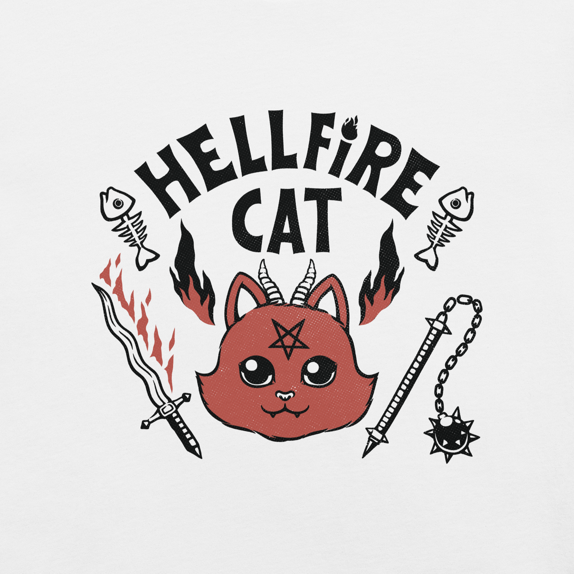 Vintage-style illustration of a cute red devil cat with small horns and a pentagram on its forehead, surrounded by flames, weapons, fish skeletons, and the bold phrase “Hellfire Cat” in a playful gothic design.