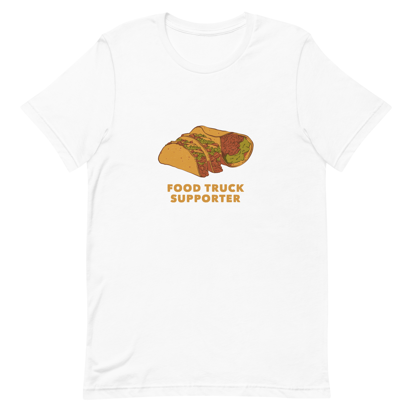 Two delicious tacos and a burrito with the phrase below "Food Truck Supporter". This design celebrates the love of street food and the joy of discovering amazing flavors on wheels. Perfect for Mexican food lovers, taco fans, and anyone who proudly supports local food trucks.