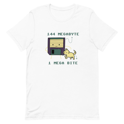 A cute floppy disk stands nervously while a little dog playfully bites its corner, with the text “144 Megabyte / 1 Mega Bite”. This clever pun mixes retro tech nostalgia with a dose of adorable chaos. Perfect for geeks, gamers and anyone who loves a good tech joke.