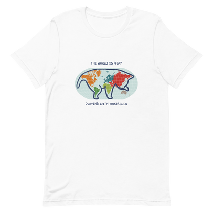 The world map forms the silhouette of a giant cat playing with Australia as if it were a toy. This design transforms the planet into a fun scene that combines humor and imagination. Ideal for cat lovers, geography enthusiasts and anyone who enjoys seeing the world with a touch of creativity.