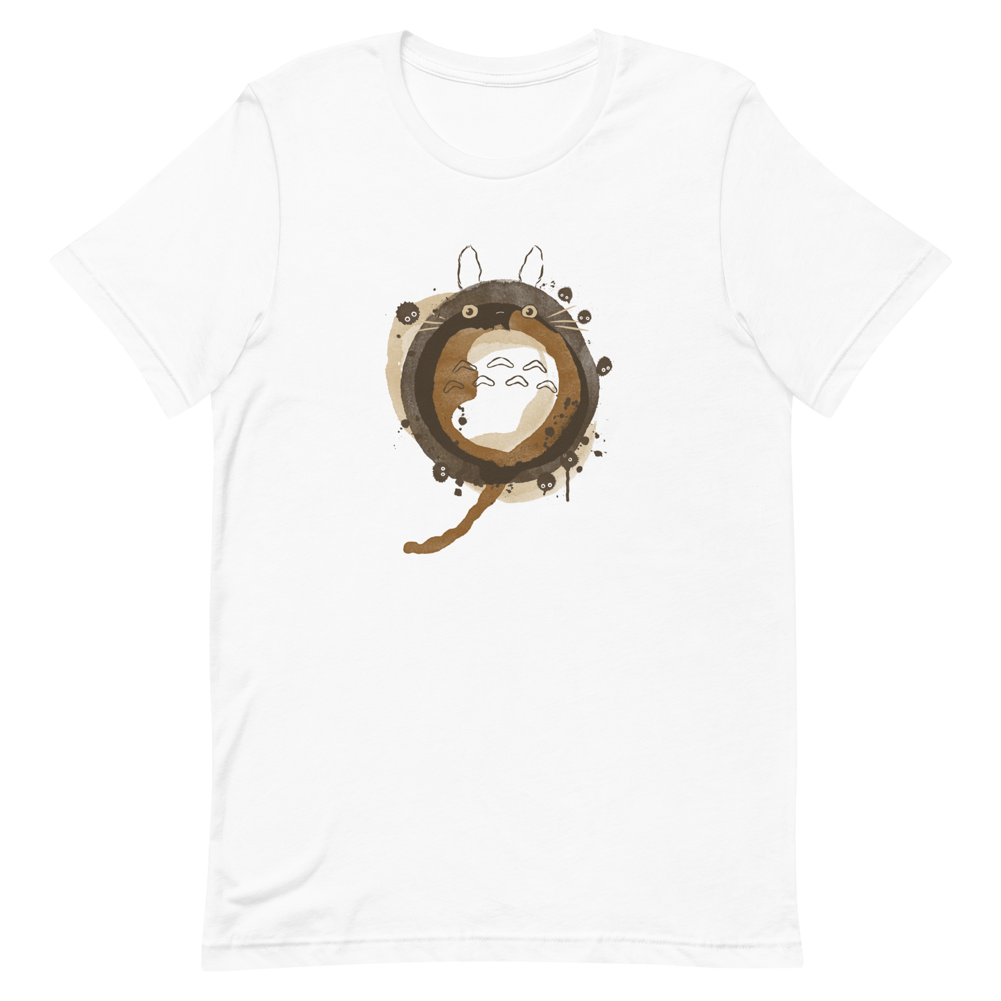 A watercolor-style creature forms a circular shape in soft shades of brown, surrounded by tiny forest spirits. The minimalist ink and watercolor textures create a dreamy, nostalgic atmosphere. Perfect for fans of nature, calm energy, and magical worlds.