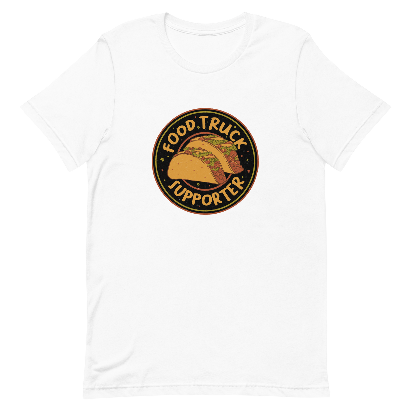 Two delicious tacos sit at the center of a bold circular badge under the phrase “Food Truck Supporter”. This design celebrates the love for street food and the joy of discovering amazing flavors on wheels. Perfect for foodies, taco lovers, and anyone who proudly supports their local food trucks.