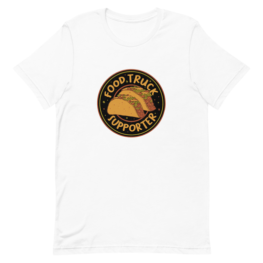 Two delicious tacos sit at the center of a bold circular badge under the phrase “Food Truck Supporter”. This design celebrates the love for street food and the joy of discovering amazing flavors on wheels. Perfect for foodies, taco lovers, and anyone who proudly supports their local food trucks.
