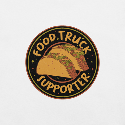 Two delicious tacos sit at the center of a bold circular badge under the phrase “Food Truck Supporter”. This design celebrates the love for street food and the joy of discovering amazing flavors on wheels. Perfect for foodies, taco lovers, and anyone who proudly supports their local food trucks.