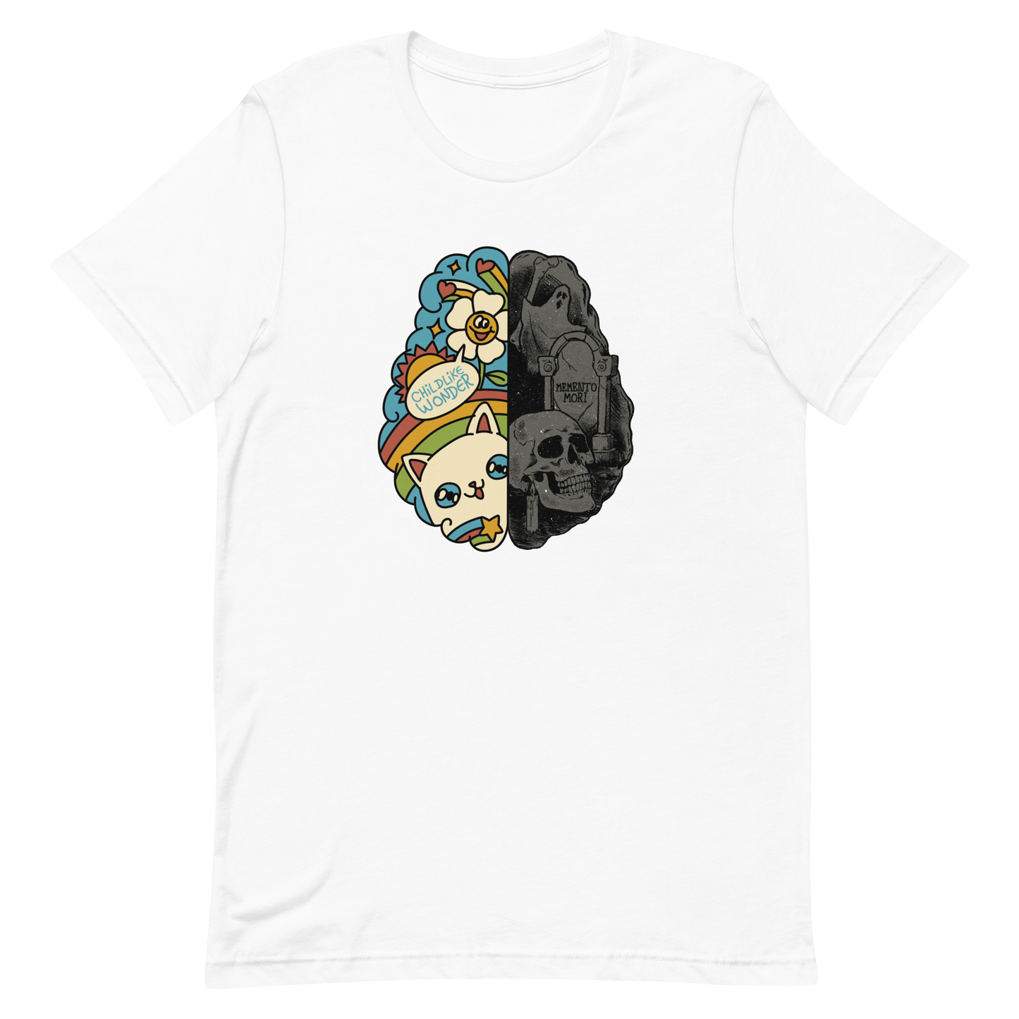 This artwork depicts a split brain, one side cheerful and vibrant with a cute cat, rainbows, and the phrase "Childlike Wonder," the other dark and gothic with skulls and the inscription "Memento Mor". It represents the duality between life and mortality, joy and decay. A perfect choice for fans of art with a macabre yet cute touch, psychological themes, and people who have an inner duality.
