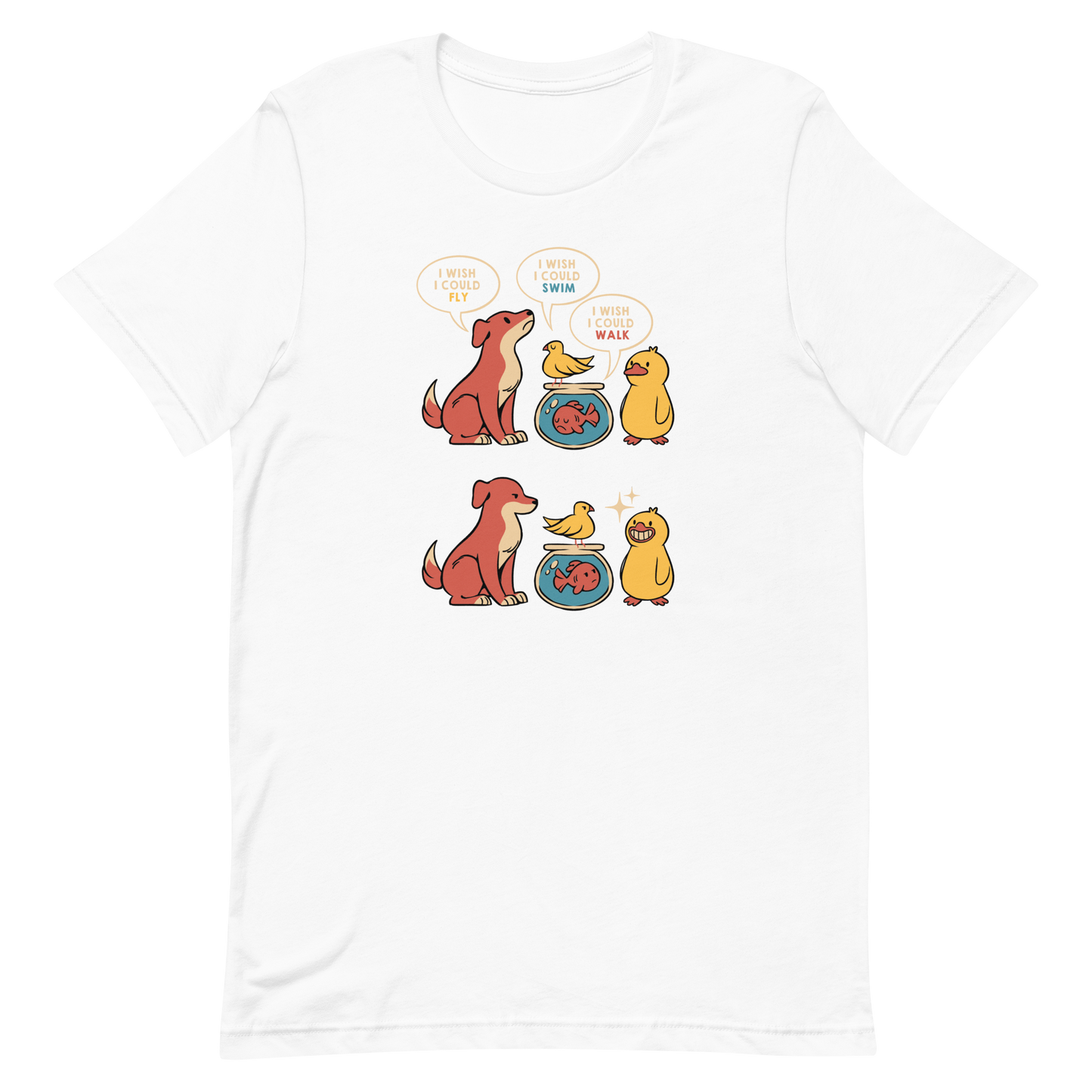 This funny and heartwarming illustration shows a dog, a bird, a fish and a duck each wishing they could do what the others can — fly, swim or walk. In the end, the duck proudly realizes it can do all three, delivering a cute reminder to appreciate your own abilities. A perfect illustration for animal lovers and fans of positive, humorous art.