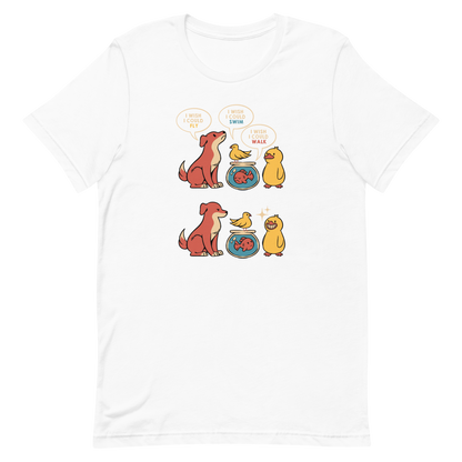 This funny and heartwarming illustration shows a dog, a bird, a fish and a duck each wishing they could do what the others can — fly, swim or walk. In the end, the duck proudly realizes it can do all three, delivering a cute reminder to appreciate your own abilities. A perfect illustration for animal lovers and fans of positive, humorous art.