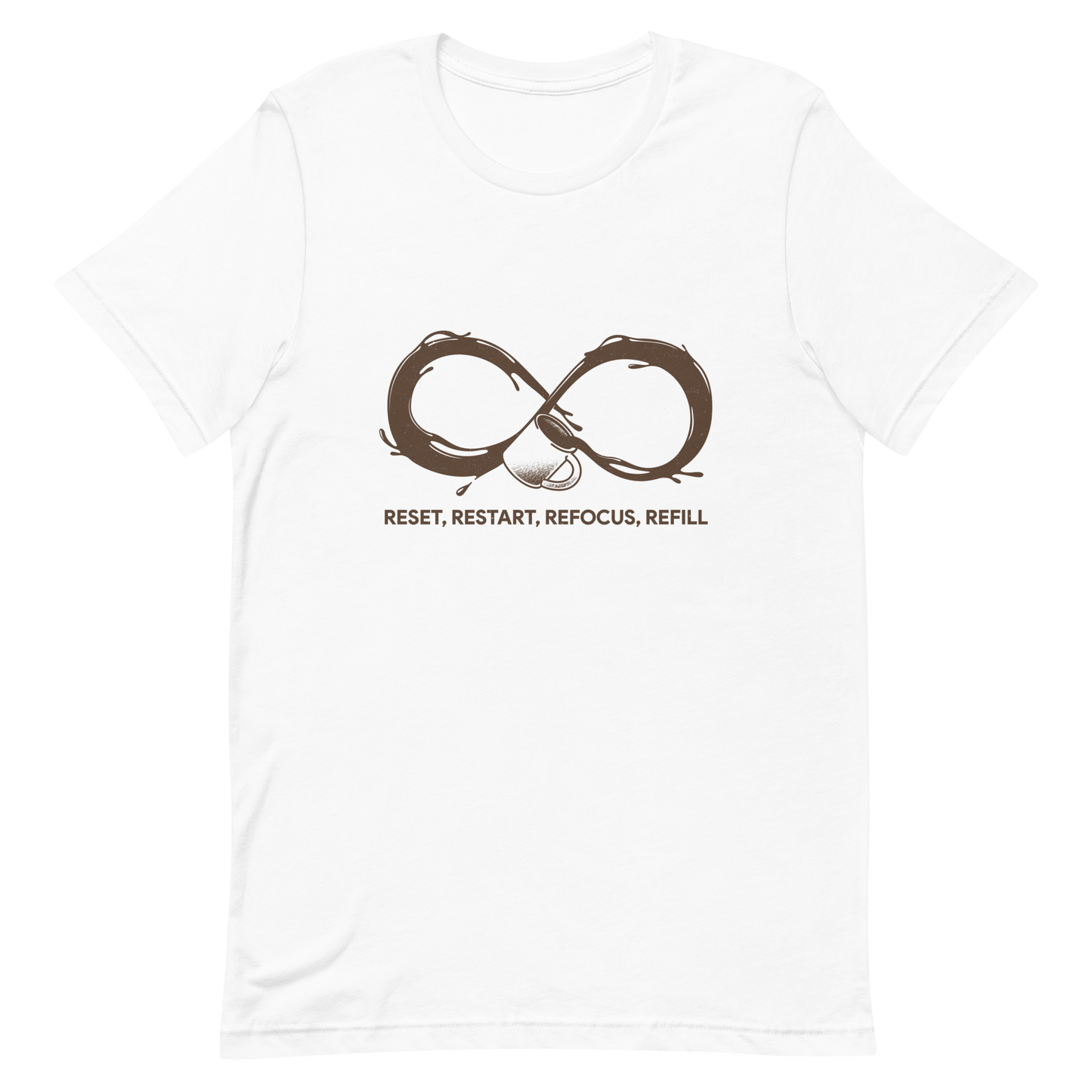 A coffee cup spills endlessly, forming an infinity symbol made of flowing coffee. This artwork celebrates the endless cycle of energy, focus, and motivation that keeps us going. Perfect for coffee lovers, caffeine addicts, and anyone who believes that every restart begins with a refill.