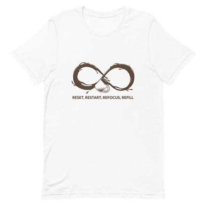 A coffee cup spills endlessly, forming an infinity symbol made of flowing coffee. This artwork celebrates the endless cycle of energy, focus, and motivation that keeps us going. Perfect for coffee lovers, caffeine addicts, and anyone who believes that every restart begins with a refill.