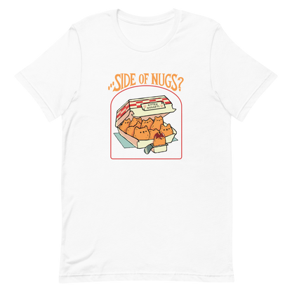 A box of cute, cat-shaped chicken nuggets, with the text "side of nugs?" on top. A work of art that blends humor, kittens, and fast food.