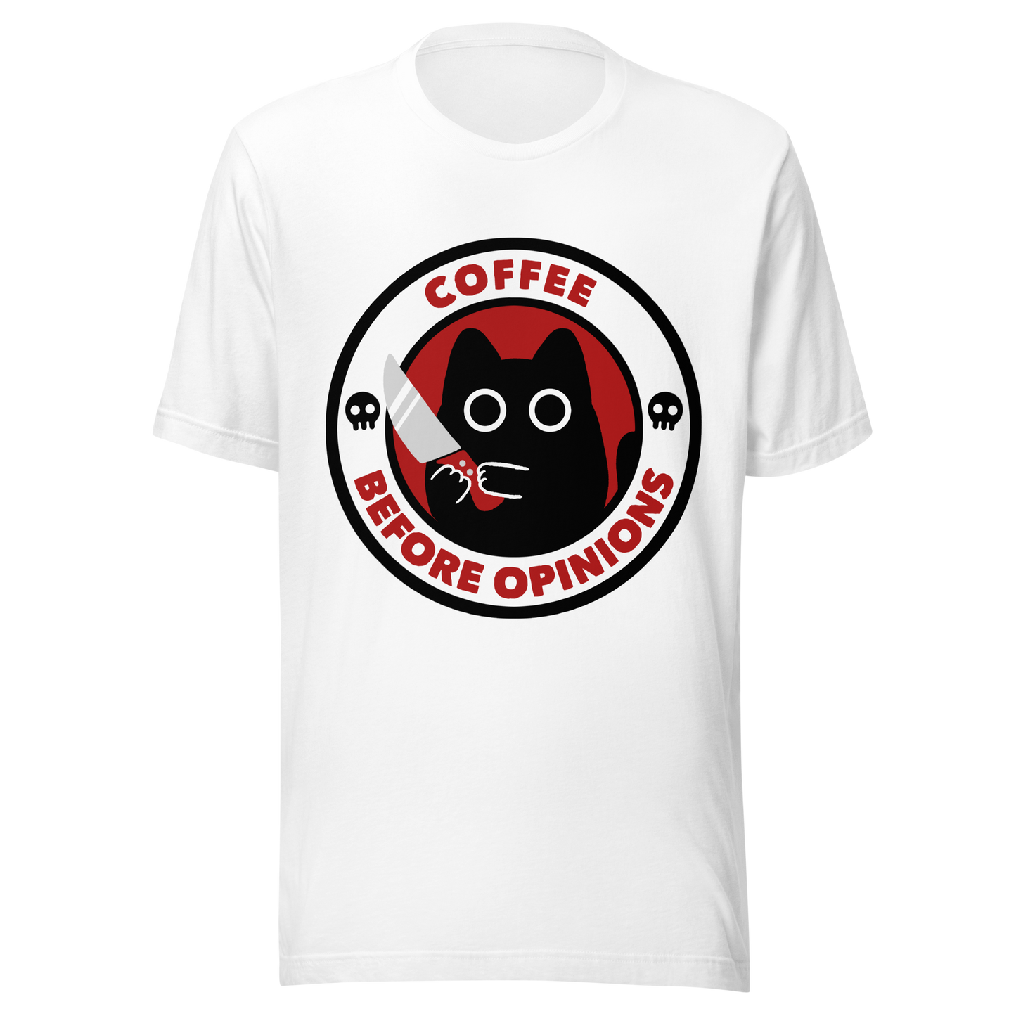 The illustration, in shades of red and black, features a wide-eyed black kitten holding a knife at the centre. Surrounding the cat is the phrase ‘Coffee Before Opinions’. A fun and cheeky gift for those who love cats and can’t function without their coffee.