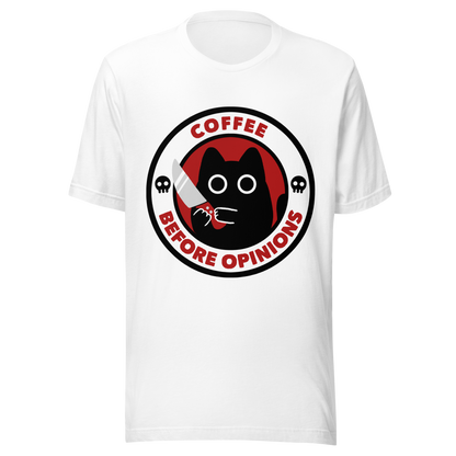 The illustration, in shades of red and black, features a wide-eyed black kitten holding a knife at the centre. Surrounding the cat is the phrase ‘Coffee Before Opinions’. A fun and cheeky gift for those who love cats and can’t function without their coffee.