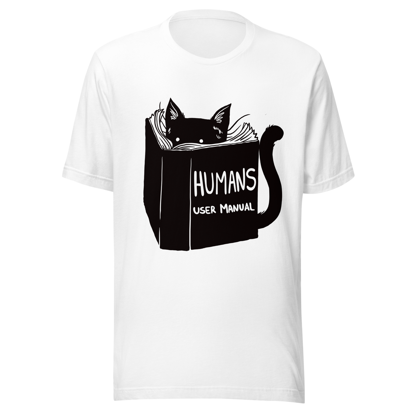 A kitten peeking out from behind a huge book titled "Humans: User Manual". This design plays on the idea that cats are trying to figure out how to control us. Perfect for cat lovers, book fans, and anyone who enjoys lighthearted humor in prints.