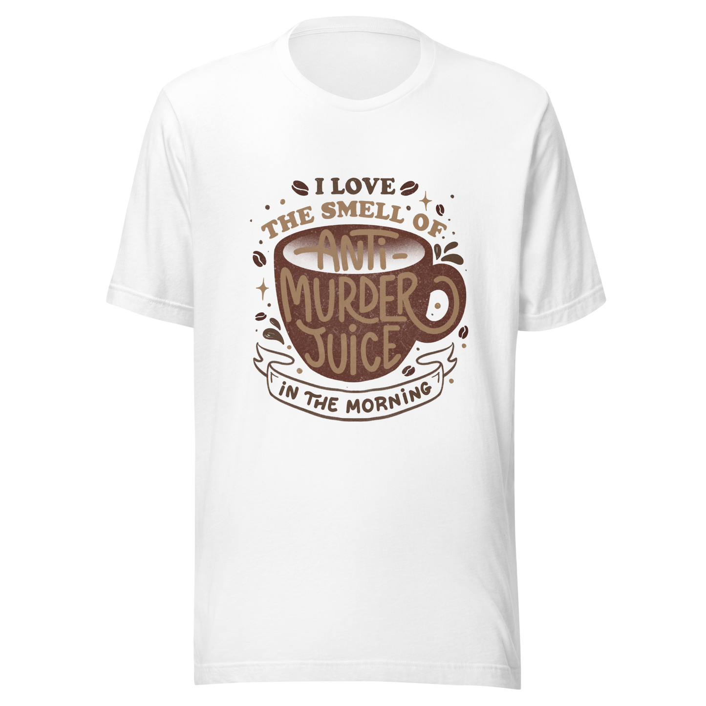 The artwork features a stylized mug in earthy tones with the lettering "I love the smell of anti-murder juice in the morning", creating a strong and well-defined visual. The art transforms coffee into the famous "anti-murder juice", playfully referencing the acidic humor of those who only function after caffeine. Ideal for coffee lovers, those who appreciate retro design, expressive lettering, and humorous prints.