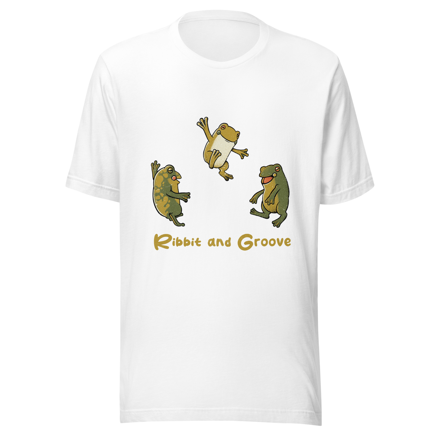 Three frogs dancing as if performing a ritual, with ‘Ribbit and Groove’ written below. A playful design that mixes humor and frogs. Perfect for frog lovers, music fans, and anyone who enjoys fun prints.