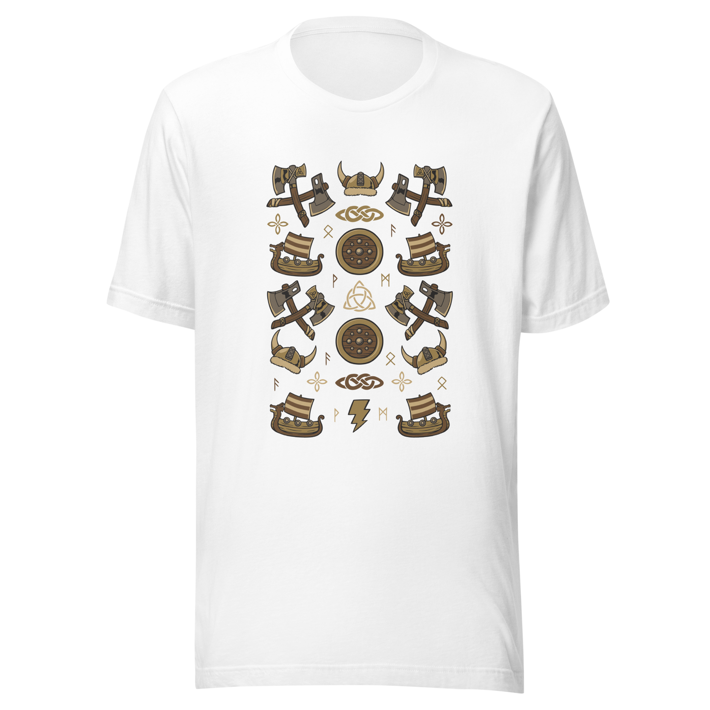 The artwork features a symmetrical illustration with axes, wooden shields, Viking helmets, longships, and runes in earthy tones on a dark background. Each element reinforces the classic Nordic aesthetic, blending iconic symbols with a detailed and super harmonious cartoon style. Perfect for fans of Viking culture, Norse mythology, RPGs, and anyone who loves prints with an epic and stylized vibe.