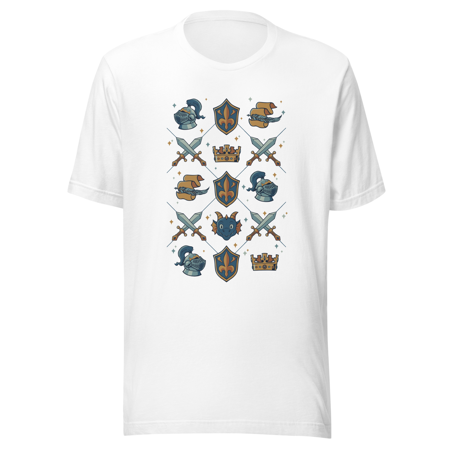 The artwork features swords, knight's helmets, crowns and dragons. Blending medieval fantasy with classic symbols of bravery, royalty, and magic, creating a strong and elegant composition. Ideal for fans of epic fantasy, knights, dragons, and anyone who loves prints with a heroic and stylish vibe.