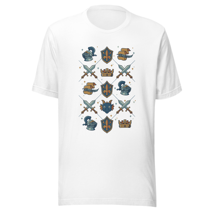 The artwork features swords, knight's helmets, crowns and dragons. Blending medieval fantasy with classic symbols of bravery, royalty, and magic, creating a strong and elegant composition. Ideal for fans of epic fantasy, knights, dragons, and anyone who loves prints with a heroic and stylish vibe.