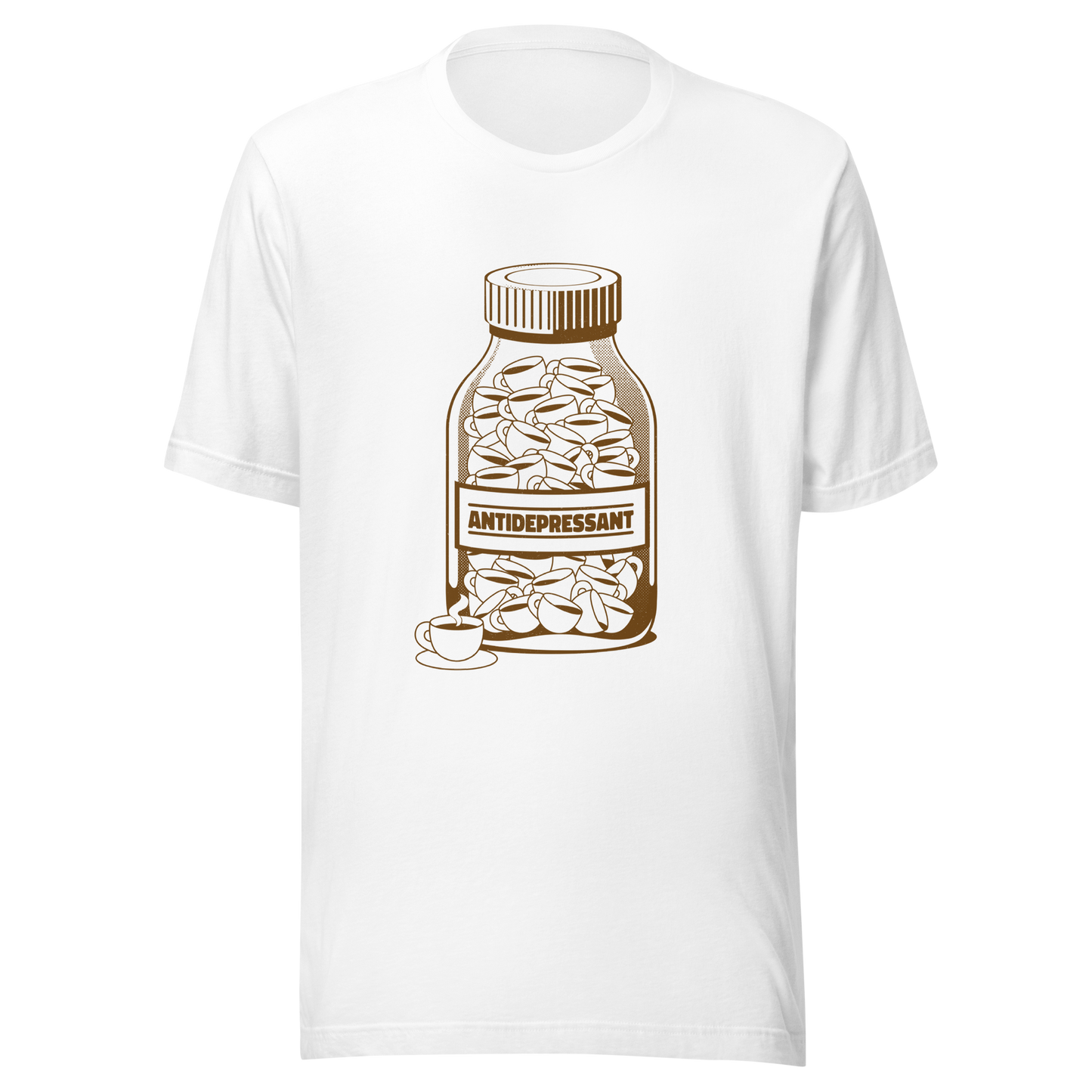 A medicine bottle filled with small coffee cups, labeled ‘antidepressant’. A playful, humorous design that celebrates coffee as a daily mood booster, perfect for coffee lovers who rely on caffeine to feel happier.