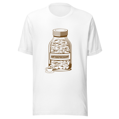 A medicine bottle filled with small coffee cups, labeled ‘antidepressant’. A playful, humorous design that celebrates coffee as a daily mood booster, perfect for coffee lovers who rely on caffeine to feel happier.
