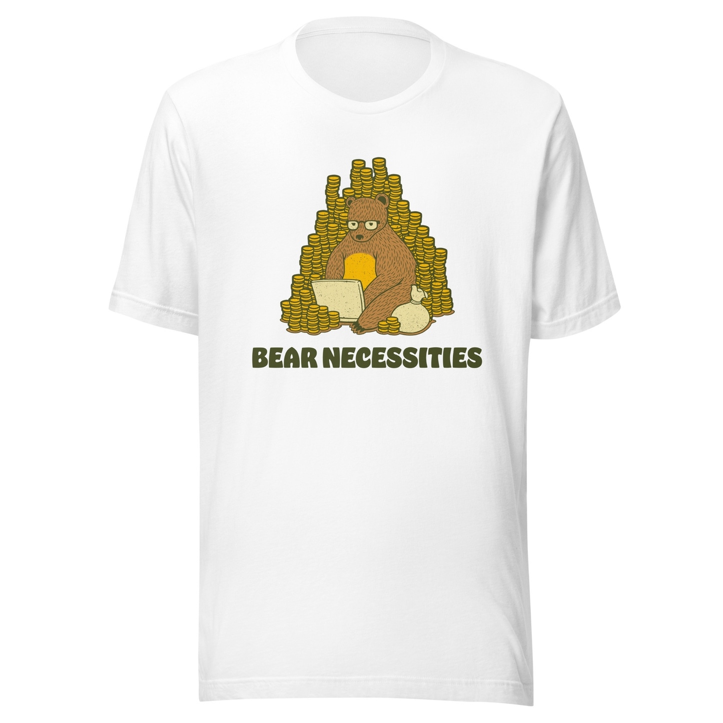 A brown bear wearing glasses works on his laptop, surrounded by stacks of coins. The phrase ‘Bear Necessities’ adds a clever, humorous twist. A minimalist and playful design, perfect for entrepreneurs, freelancers, office lovers and fans of witty animal art.