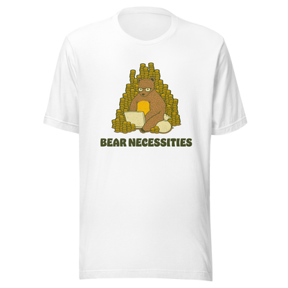 A brown bear wearing glasses works on his laptop, surrounded by stacks of coins. The phrase ‘Bear Necessities’ adds a clever, humorous twist. A minimalist and playful design, perfect for entrepreneurs, freelancers, office lovers and fans of witty animal art.