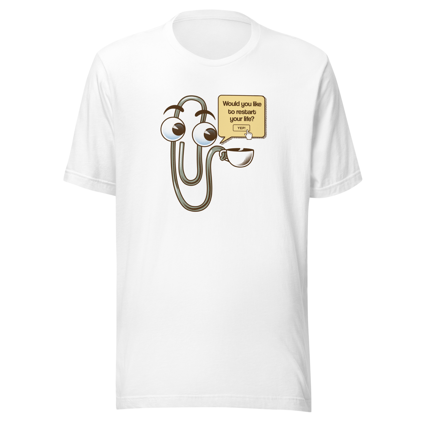 A playful paperclip character holding a cup of coffee with the phrase ‘You Look Like You Need a Coffee’. A witty, nostalgic design perfect for coffee lovers and fans of retro tech humour.