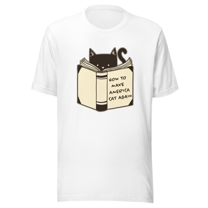 A minimalist illustration of a cat reading a book titled “How to Make America Cat Again”. A clean, witty design that blends feline charm with ironic humor, perfect for cat lovers and fans of clever, minimalist art.