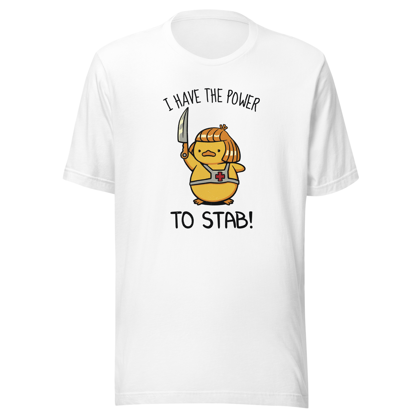 An illustration of a duck inspired by a classic '80s fantasy cartoon hero, dramatically holding a knife like a legendary sword beneath the phrase "I Have The Power To Stab." A fun parody design for fans of retro cartoons, nostalgic pop culture, fantasy adventures, and absurd animal humour.