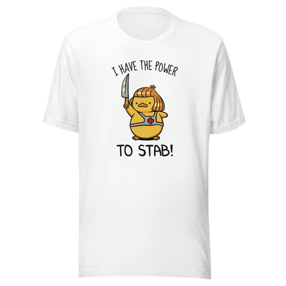 An illustration of a duck inspired by a classic '80s fantasy cartoon hero, dramatically holding a knife like a legendary sword beneath the phrase "I Have The Power To Stab." A fun parody design for fans of retro cartoons, nostalgic pop culture, fantasy adventures, and absurd animal humour.