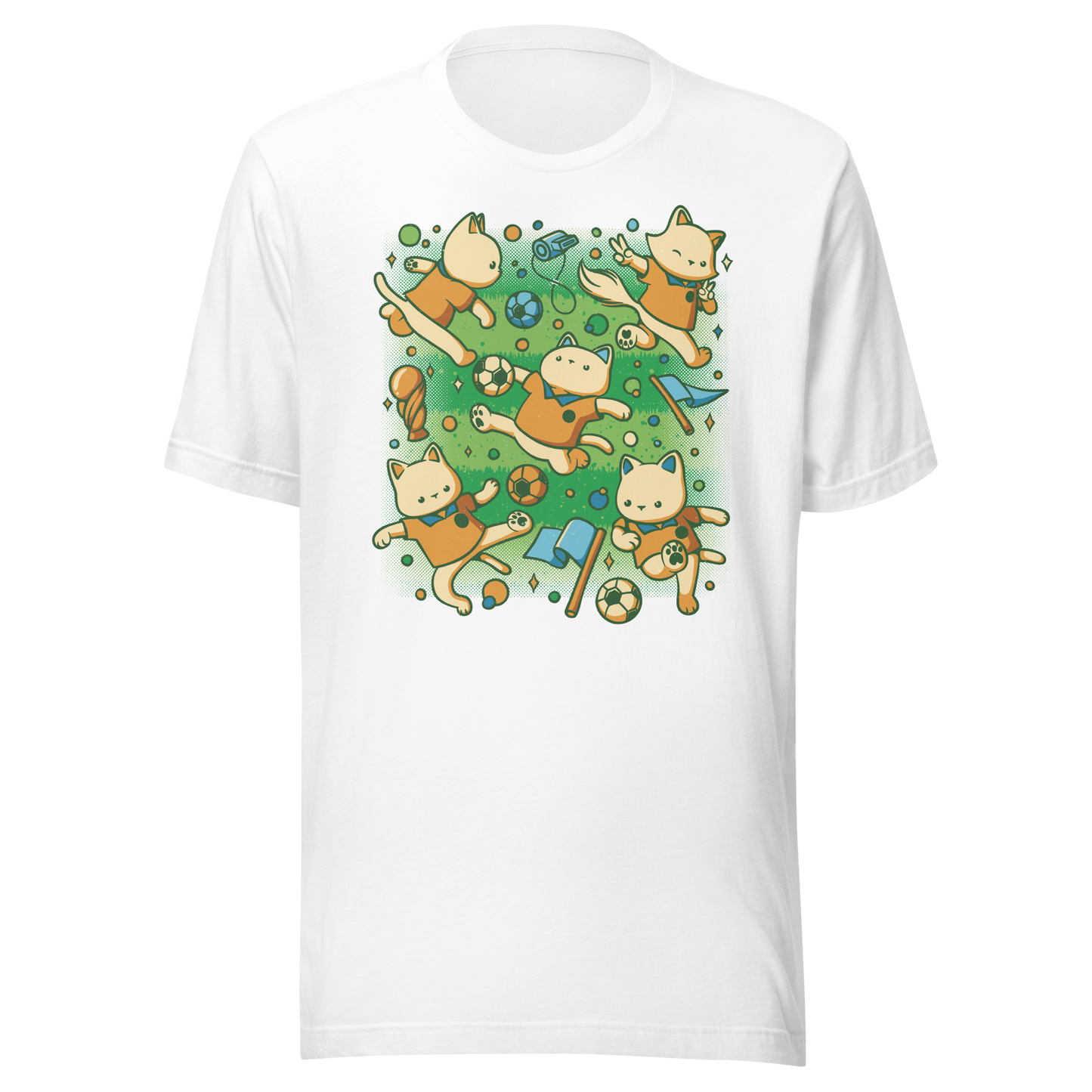 An artwork featuring several cats in soccer uniforms kicking a ball, surrounded by trophies, flags, and other football-inspired elements. A playful design perfect for cat lovers, soccer fans, and anyone who enjoys whimsical sports-themed art.