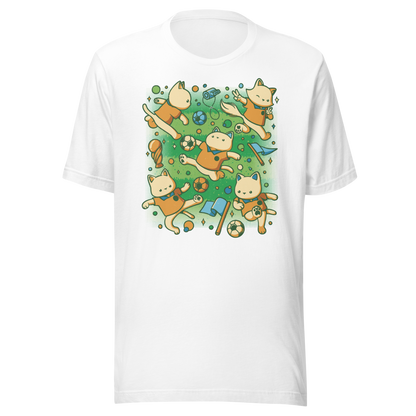 An artwork featuring several cats in soccer uniforms kicking a ball, surrounded by trophies, flags, and other football-inspired elements. A playful design perfect for cat lovers, soccer fans, and anyone who enjoys whimsical sports-themed art.