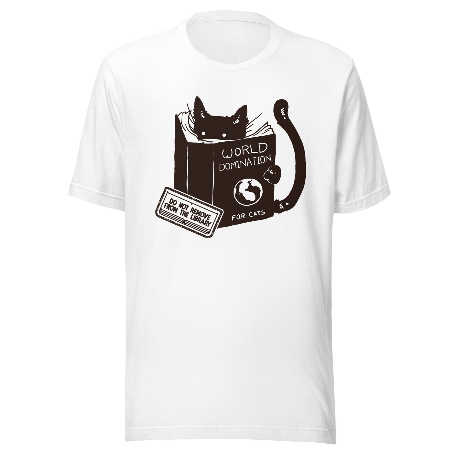 A minimalist illustration of a black kitten reading a book titled “World Domination for Cats,” featuring a humorous “Do Not Remove From Library” sticker. A playful artwork that captures the clever and ambitious nature of cats, perfect for cat lovers and fans of witty minimalist designs.