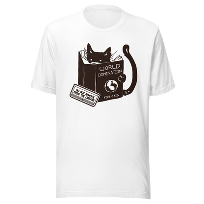 A minimalist illustration of a black kitten reading a book titled “World Domination for Cats,” featuring a humorous “Do Not Remove From Library” sticker. A playful artwork that captures the clever and ambitious nature of cats, perfect for cat lovers and fans of witty minimalist designs.