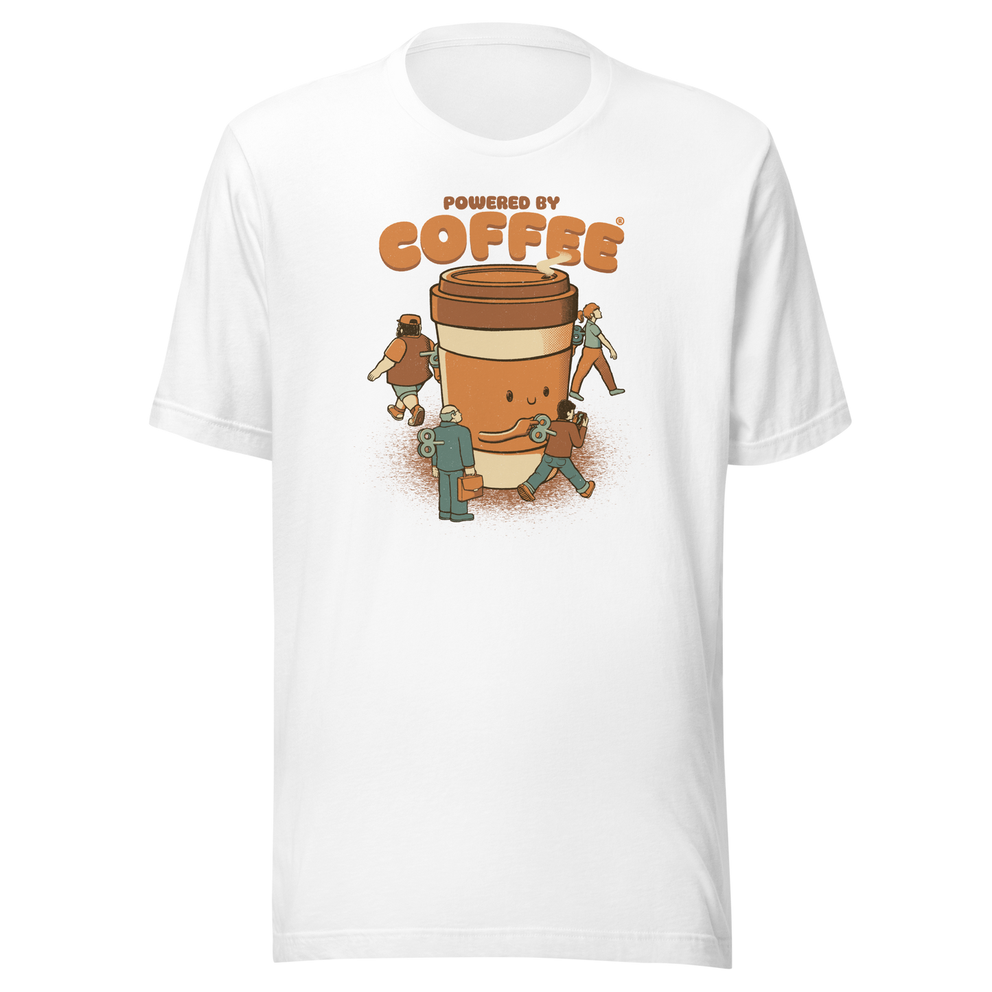 A playful illustration of a giant coffee cup winding up tiny wind-up dolls, a fun nod to caffeine as the fuel that keeps life moving. Featuring the phrase “Powered By Coffee”, it’s the perfect gift for coffee lovers who can’t function without their daily cup.