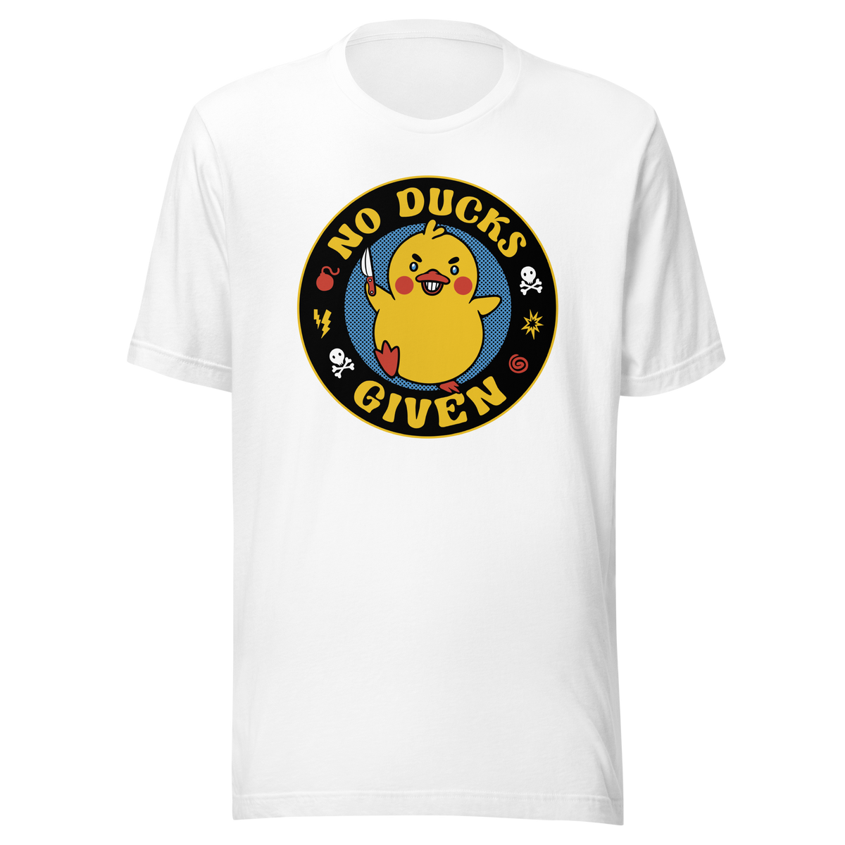 A cute yellow duck holding a small knife, around it the text "No Ducks Given". An art that mixes humor with the temperament of ducks.