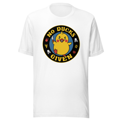A cute yellow duck holding a small knife, around it the text "No Ducks Given". An art that mixes humor with the temperament of ducks.