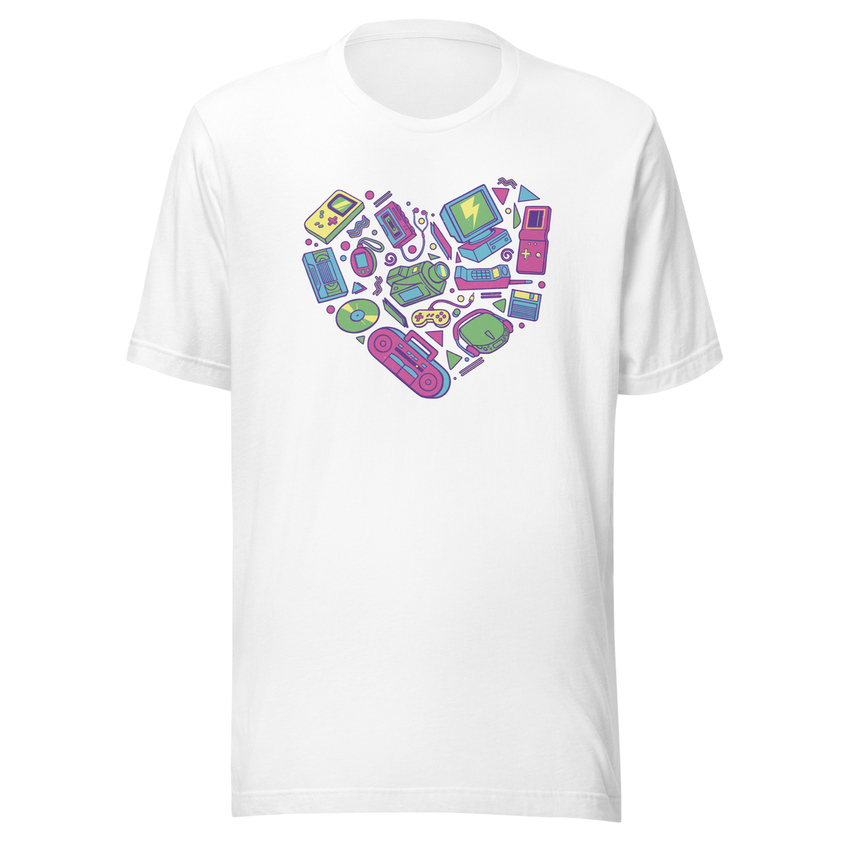 A heart made of iconic 90s electronics like computers, Walkmans, telephones, video game consoles, and Discmen, all in vibrant neon colours. A bold, nostalgic artwork perfect for anyone who loves retro tech and 90s vibes.