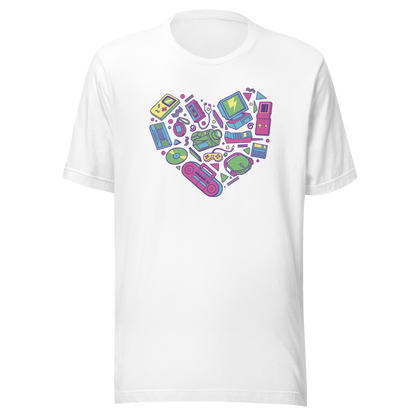 A heart made of iconic 90s electronics like computers, Walkmans, telephones, video game consoles, and Discmen, all in vibrant neon colours. A bold, nostalgic artwork perfect for anyone who loves retro tech and 90s vibes.