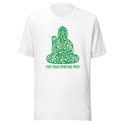 A garden maze shaped like a meditating Buddha, accompanied by the phrase ‘Find Your Spiritual Path’. This symbolic design represents the journey of overcoming life’s challenges and searching for inner balance. A thoughtful artwork for people interested in spirituality, mindfulness, and personal growth.
