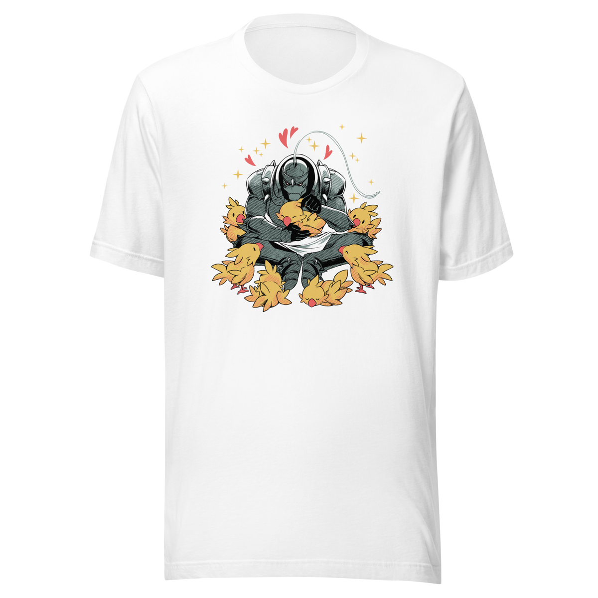 A dark armored warrior sits cross-legged, gently cuddling a group of fluffy yellow birds. Pink hearts and golden sparkles surround the unlikely duo, creating a humorous contrast between a fierce appearance and a tender, affectionate side.