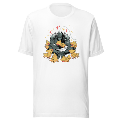A dark armored warrior sits cross-legged, gently cuddling a group of fluffy yellow birds. Pink hearts and golden sparkles surround the unlikely duo, creating a humorous contrast between a fierce appearance and a tender, affectionate side.