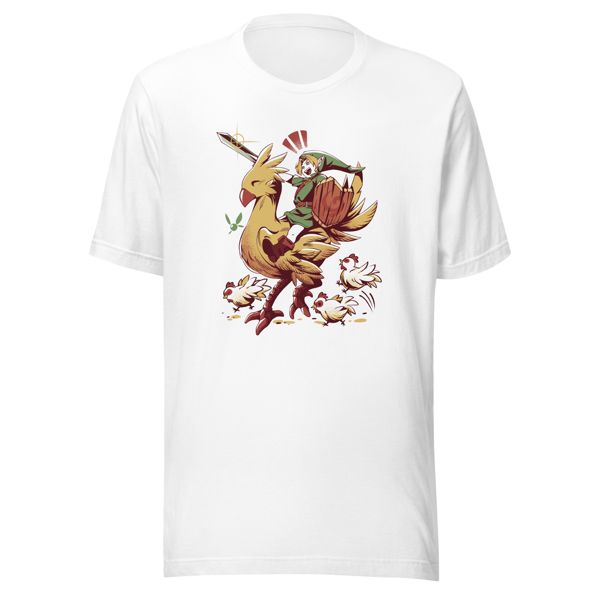 A playful fantasy illustration of a brave young hero riding a giant golden bird while holding a sword and shield.