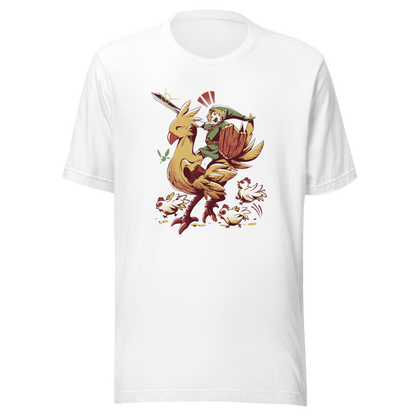 A playful fantasy illustration of a brave young hero riding a giant golden bird while holding a sword and shield.