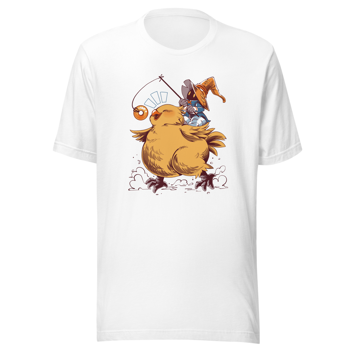 A tiny wizard rides a chunky yellow bird while chasing a dangling donut, mixing cute fantasy chaos, retro RPG charm, and playful adventure in a fun whimsical design.