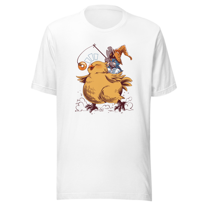 A tiny wizard rides a chunky yellow bird while chasing a dangling donut, mixing cute fantasy chaos, retro RPG charm, and playful adventure in a fun whimsical design.