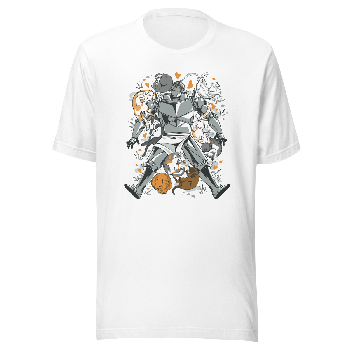 A steel-armored warrior surrounded by sleeping and playful cats, with orange hearts and tiny flowers scattered around. The humorous illustration combines medieval armor with a cozy feline theme.