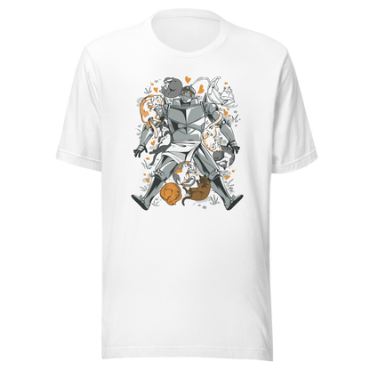 A steel-armored warrior surrounded by sleeping and playful cats, with orange hearts and tiny flowers scattered around. The humorous illustration combines medieval armor with a cozy feline theme.