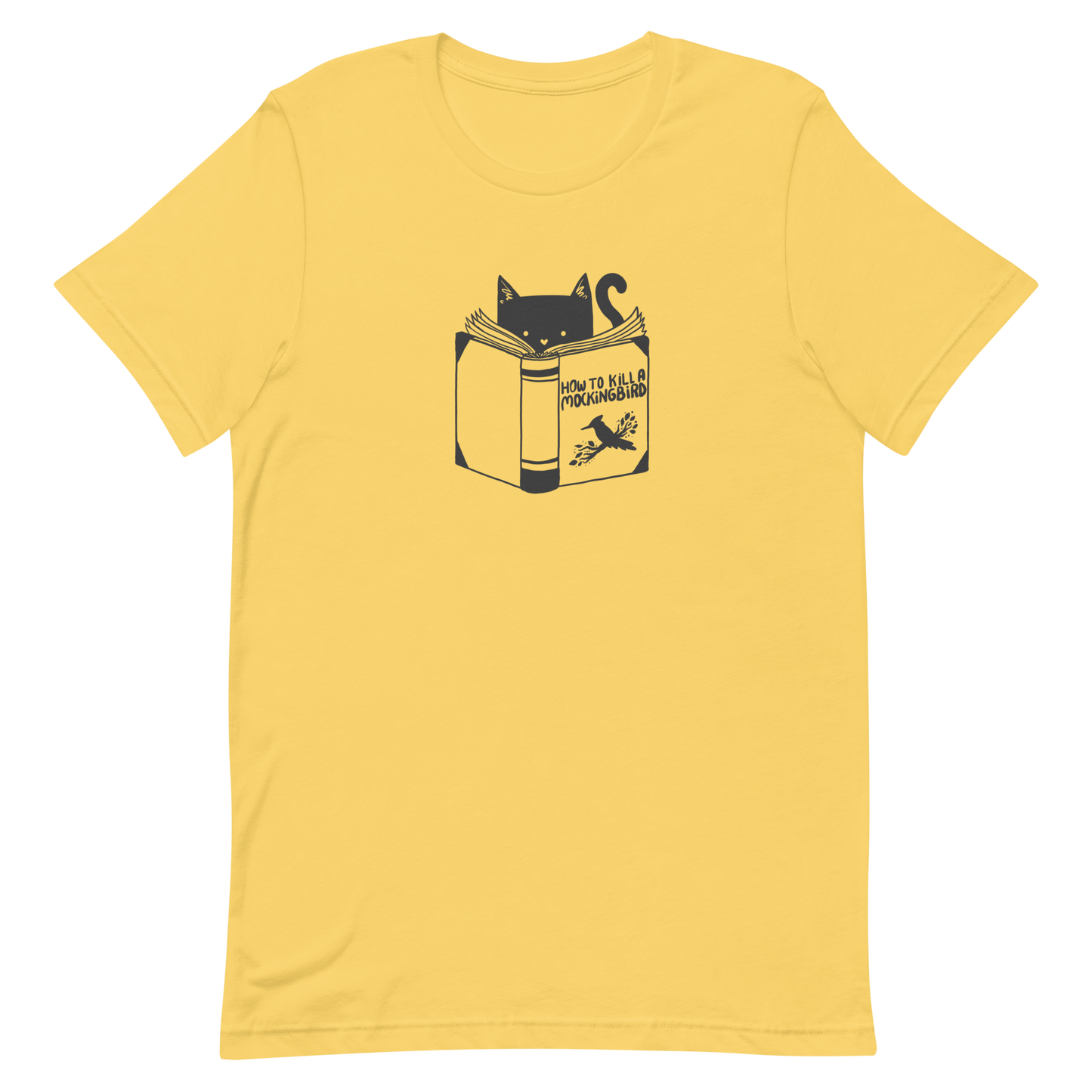 A black and white illustration features a cat peeking over an open book titled 'How to Kill a Mockingbird,' playfully altering the classic novel's title. The cat has a heart-shaped nose and simple, cute facial features. The design is whimsical and ironic, combining classic literature with a humorous twist.