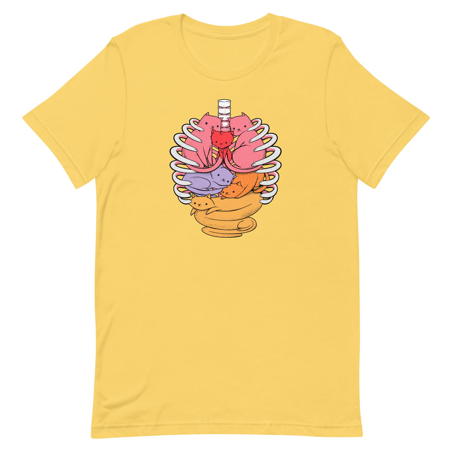 The image features a unique and colorful illustration of six whimsical cats nestled within and around a human ribcage. Each cat is a different bright color, ranging from pink and purple to orange and yellow, creating a visually appealing and vibrant composition. The use of contrasting colors and playful subject matter gives it a charming and eye-catching style.